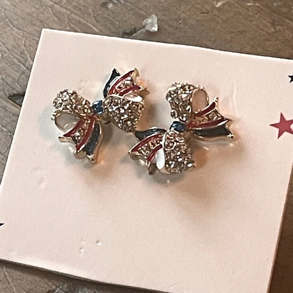 Red, White and Blue Bow Earrings - Gold Tone